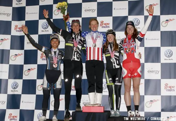 Women's podium at the 2012 Cyclocross National Championship: 1) Compton, 2) Antonneau, 3) Duke, 4) Stetson-Lee, 5) Rivera. ©Tim Westmore 