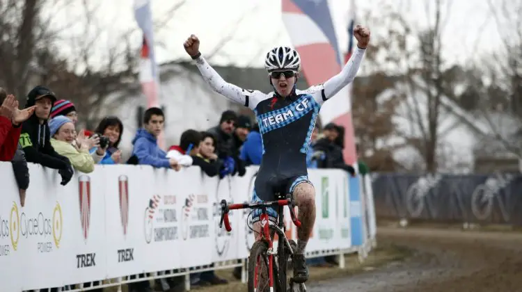 Austin Vincent wins the Junior Men 15-16 2012 Cyclocross National Championships, ahead of his teammate Goguen. © Tim Westmore