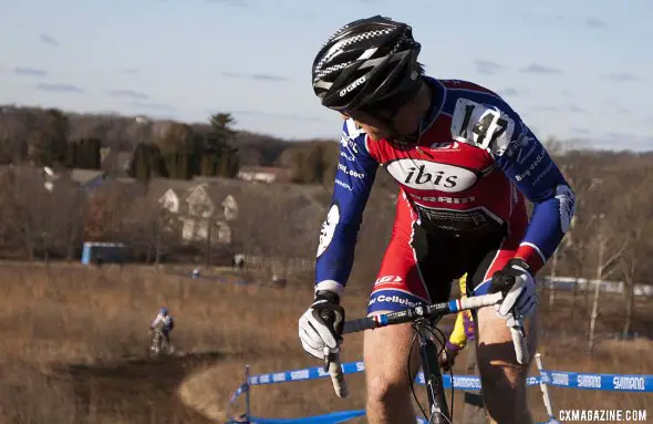 Don Myrah (Buy Cell / Ibis) checks his gap over Cariveau (Moots) with two to go. Masters Men 45-49, 2012 Nationals. © Cyclocross Magazine