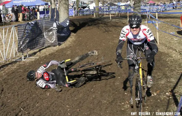 Edwin Bull of Van Dessel fell victim to the rough mud and ruts during the Masters Men 40-44 race. ©Amy Dykema