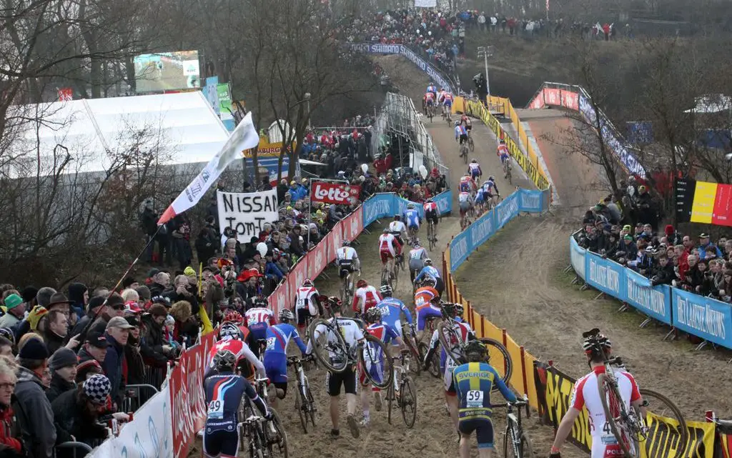 The early lap congestion proved critical in separating the lead riders from the rest in Koksijde at the 2012 Cyclocross World Championships. ©Bart Hazen