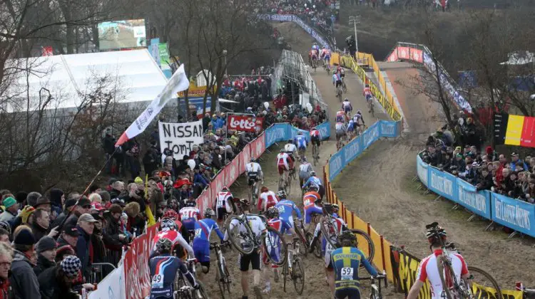 The early lap congestion proved critical in separating the lead riders from the rest in Koksijde at the 2012 Cyclocross World Championships. ©Bart Hazen