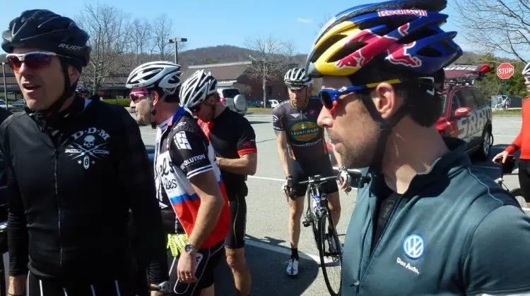 Tim tries to rally the group to get back on the road after a quick drink break. Cyclocross Magazine