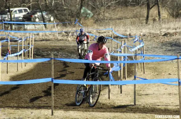 Jeff Bahnson leading Hurst in the collegiate men D2 race at the 2012 Cyclocross National Championships. © Cyclocross Magazine