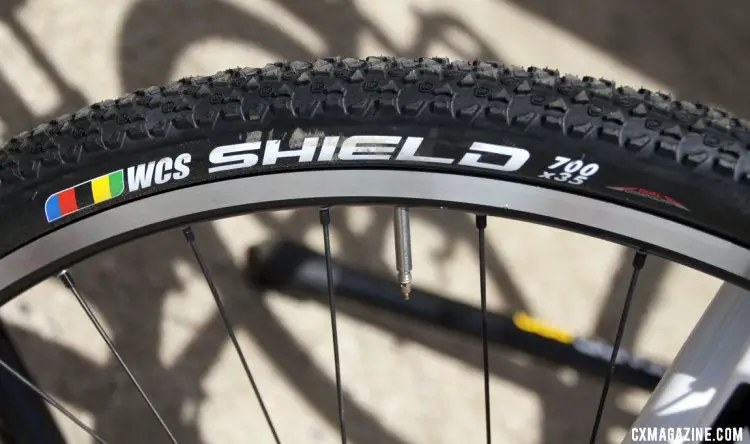 The new Ritchey WCS Shield 700x35 tire has lots of short knobs and looks to be a fast-rolling tire for grass, hard pack, or gravel. © Cyclocross Magazine The new Ritchey WCS Shield 700x35 tire has lots of short knobs for fast-rolling performance on hardpack conditions. © Cyclocross Magazine