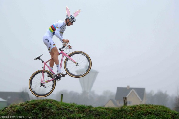 Zdenek Stybar and his pink Specialized Crux ... we're wondering if he's heading out to go hide eggs for an Easter Egg Hunt. ©Specialized