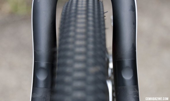 The cantilever posts on the rear stays are removable, and BH will have plugs available instead of the pictured tape. © Cyclocross Magazine The cantilever posts on the rear stays are removable, and BH will have plugs available instead of the pictured tape. © Cyclocross Magazine