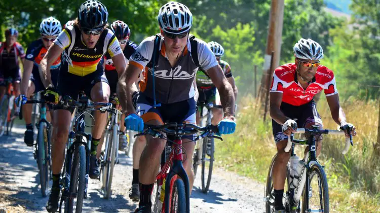 Race winner Garth Prosser (Specialized) and third place finisher Gerry Pflug (Salsa) string out the field early on in the race. © Fred Jordan