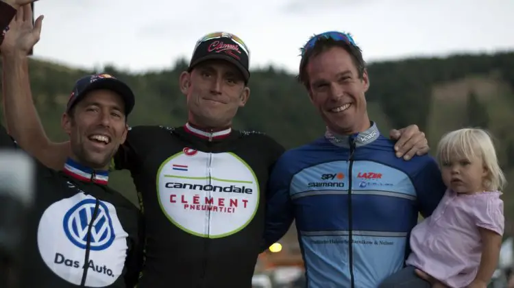 The Men's podium featured three three-time national champions. 2012 Raleigh Midsummer Night Cyclocross Race. @Cyclocross Magazine