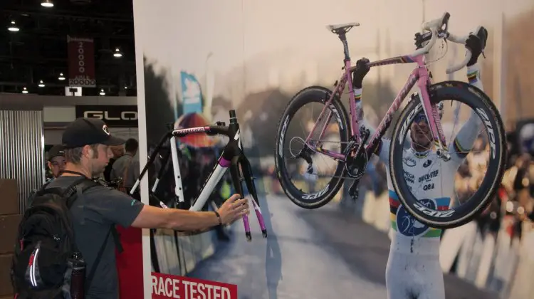 The Specialized S-Works Crux and life-sized Stybar poster captured plenty of attention at Interbike 2012. ©Cyclocross Magazine
