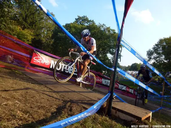 Powers hops up the stairs and to the win at Providence Day 1. Cyclocross Magazine