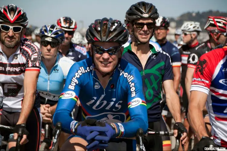 Don Myrah shows off his World Champion stripes before his battle with the younger 35+ Masters men. Candlestick Park, 2012. ©Cycloc