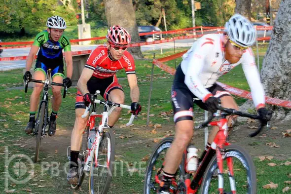 These three were able to break away in Men’s A and then finished in this order (but a lot farther apart). Brandon Gritters (Rock n Road) leads Brent Prenzlow (Celo Pacific) and Tyler Schwartz (SDG/Felt/IRT). © Phil Beckman/PB Creative 