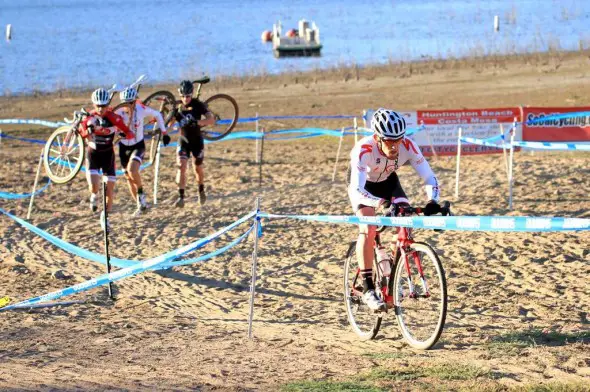 At SPYclocross, Kyle Gritters (Rock n Road) got away from Brent Prenzlow (Celo Pacific), brother Brandon Gritters (Rock n Road) and Elliot Reinecke (Velo Hangar) on this climb up from Lake Hodges. © Phil Beckman/PB Creative