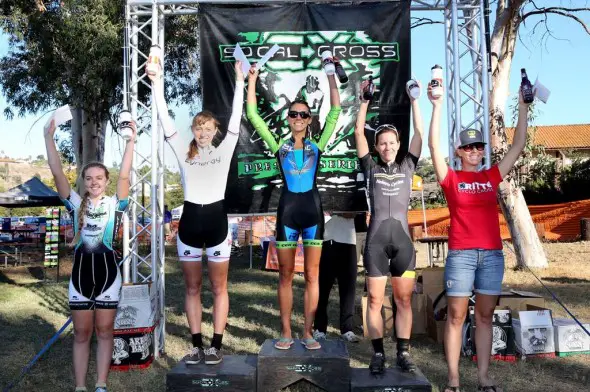 The Women’s A podium at SPYclocross, from left to right: Maddie Melcher (The TEAM SoCalCross, 5th), Hannah Rae Finchamp (Cynergy, 2nd), Carolin Schiff (Felt/SDG/IRT/SPY, 1st), Emily Georgeson (Helen’s/Cannondale, 3rd) and Amanda Schaper (Ritte CX Team, 4th). © Phil Beckman/PB Creative