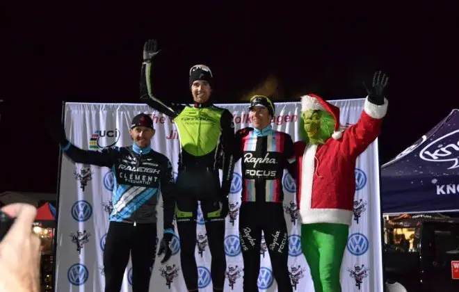 Berden, Driscoll, McDonald and the Grinch top the podium Day 1 of Jingle Cross. © Elisabeth Reinkordt