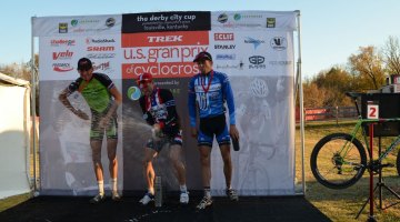 Powers celebrates a win at Day 1 of USGP Derby City Cup, along with Trebon and Summerhill. © Cyclocross Magazine