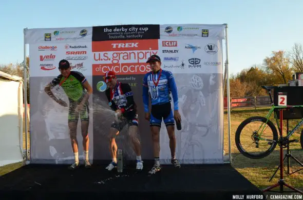 Powers celebrates a win at Day 1 of USGP Derby City Cup, along with Trebon and Summerhill. © Cyclocross Magazine