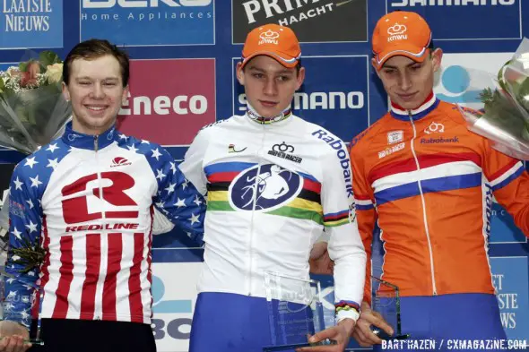 The Junior Mens Podium: Mathieu van der Poel, Logan Owen, and Martijn Budding © Bart Hazen