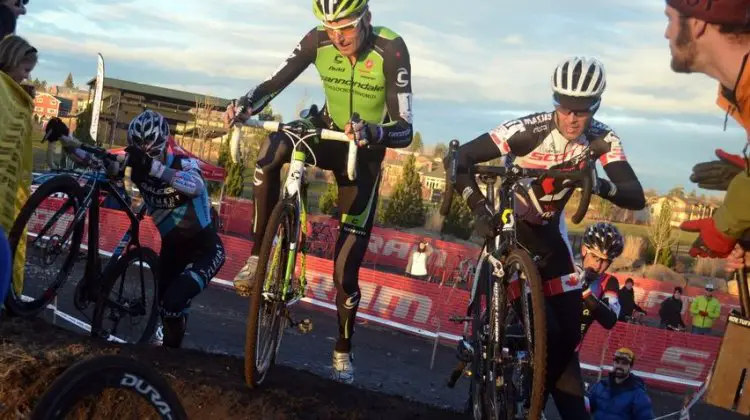 Kabush and Trebon dab while cresting this climb at the USGP Deschutes Brewery Day 2. ©Cyclocross Magazine