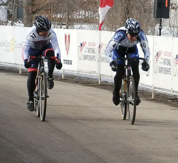 Leone Pizzini (First State Velo Sport) pips Lewis Rollins (Contender Bicycles) for the win in the Masters 65-69 category. © Cyclocross Magazine