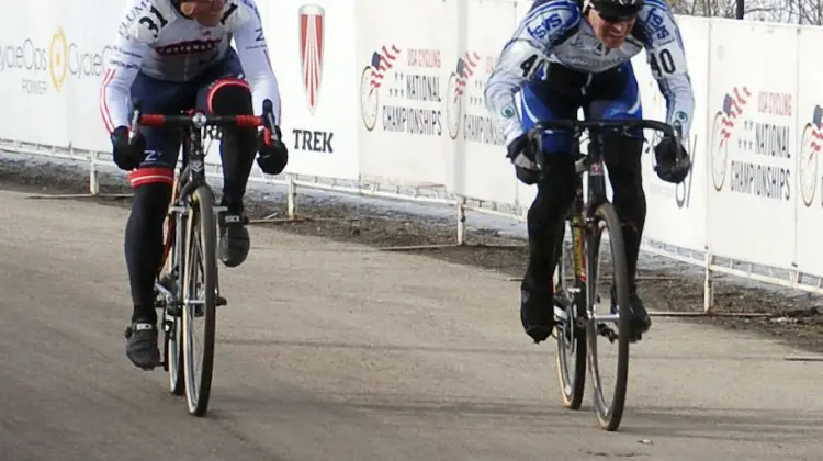 Leone Pizzini (First State Velo Sport) pips Lewis Rollins (Contender Bicycles) for the win in the Masters 65-69 category. © Cyclocross Magazine