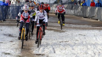 Shannon Gibson and Antonia Leal battle for the holeshot in the Masters 45-49 race. ©Cyclocross Magazine