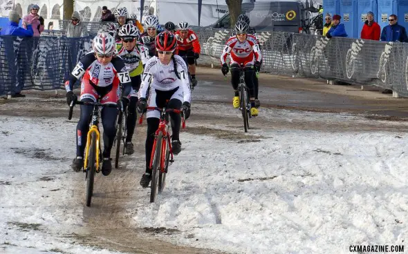 Shannon Gibson and Antonia Leal battle for the holeshot in the Masters 45-49 race. ©Cyclocross Magazine Shannon Gibson and Antonia Leal battle for the holeshot in the Masters 45-49 race. ©Cyclocross Magazine