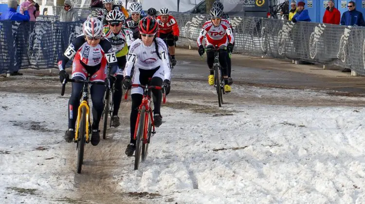 Shannon Gibson and Antonia Leal battle for the holeshot in the Masters 45-49 race. ©Cyclocross Magazine