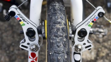 Niels Albert's uses the TRP Revo-X carbon low-profile cantilever brakes to stop his Colnago Cross Prestige. © Cyclocross Magazine