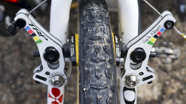 Niels Albert's uses the TRP Revo-X carbon low-profile cantilever brakes to stop his Colnago Cross Prestige. © Cyclocross Magazine