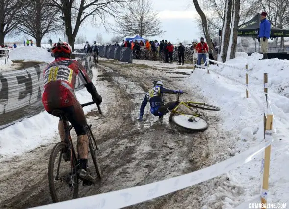 Defending champ Paul Curley ahead of Brad Young hit the deck hard and wouldn't factor for the title. ©Cyclocross Magazine Defending champ Paul Curley hit the deck hard and wouldn't factor for the title. ©Cyclocross Magazine