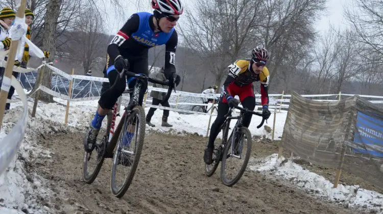 Johnson and Werner in a tight battle for the Collegiate D1 Men title. 2013 Cyclocross National Championships. © Cyclocross Magazine