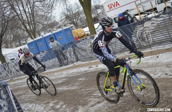 Casey Hildebrandt (Ripon) and Robert Rimmer (Virginia Intermont) battle for the early lead before rimmer escaped. © Cyclocross Magazine