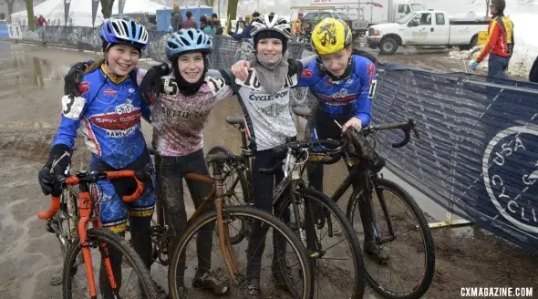 Tough, all-out racing turns to smiles after the Junior Women 13-14 race. ©Cyclocross Magazine