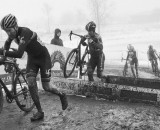 Jon Cariveau (Moots) leads Don Myrah (Ibis BuyCell) up the barriers. @ Cyclocross Magazine
