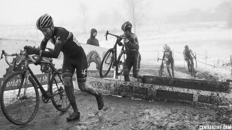 Jon Cariveau (Moots) leads Don Myrah (Ibis BuyCell) up the barriers. @ Cyclocross Magazine