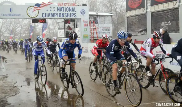 Don Myrah (Ibis - BuyCell.com) following Jon Cariveau (Moots) at the start of the Masters 45-49 National Championship Race. © Cyclocross Magazine