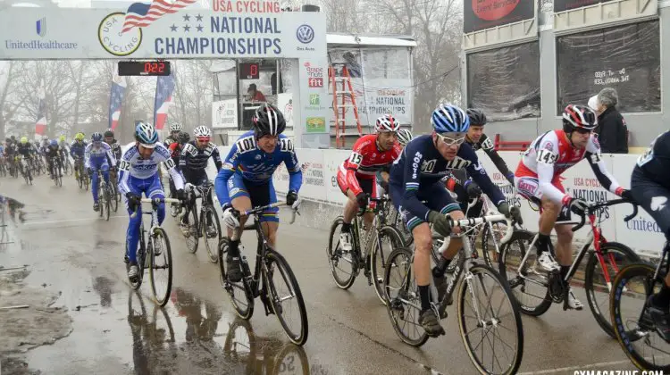 Don Myrah (Ibis - BuyCell.com) following Jon Cariveau (Moots) at the start of the Masters 45-49 National Championship Race. © Cyclocross Magazine