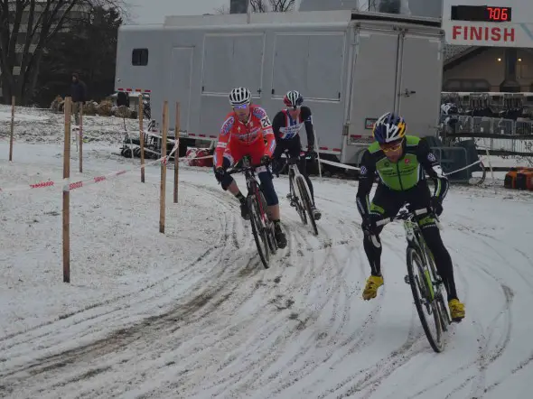 Johnson drifts around the corner ahead of Eckmann and Powers. © Cyclocross Magazine