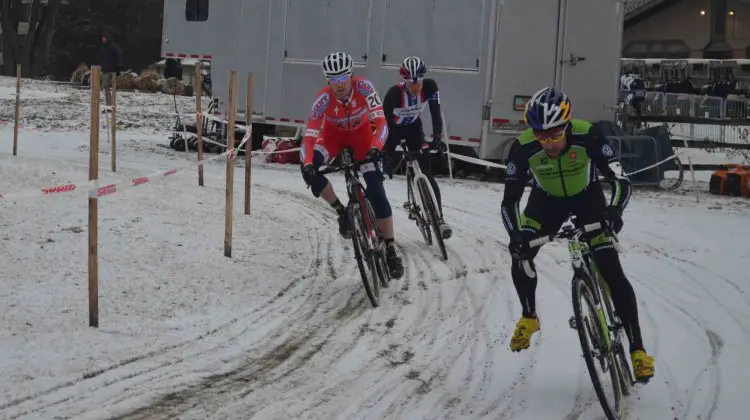 Johnson drifts around the corner ahead of Eckmann and Powers. © Cyclocross Magazine