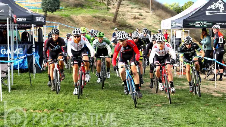 At the start of Men’s A, Brent Prenzlow (Celo Pacific/Focus) leads the Gritters brothers (Rock n’ Road) into turn one. © Phil Beckman/PB Creative