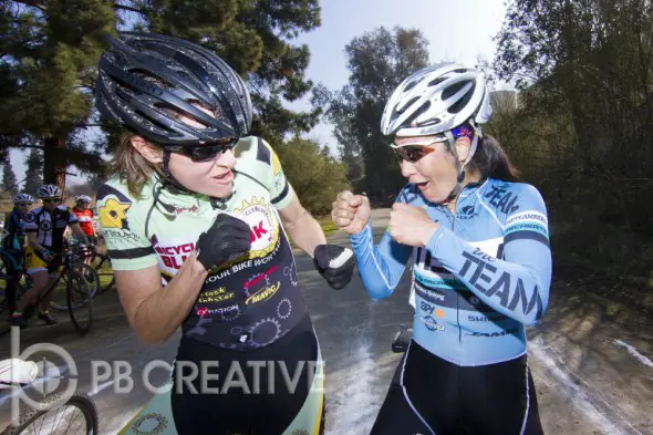 Nor Cal vs. So Cal! This is about as heated as the rivalry got as Elicia Hildebrand and Dorothy Wong “square off” in Elite Women’s staging. © Phil Beckman/PB Creative