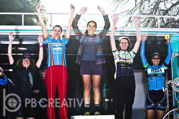 The Elite Women’s podium (left to right): Robin Kaminsky (Black Sheep Squadron, 5th), Elicia Hildebrand (Team Rambuski Law, 2nd), Amanda Nauman (Felt, 1st), Katie Melena (Bicycle Bluebook/HRS/Rock Lobster, 3rd) and Dorothy Wong (The TEAM SoCalCross, 6th). © Phil Beckman/PB Creative