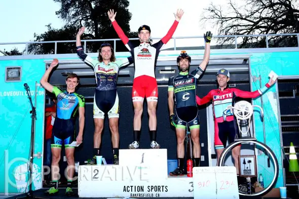 The Men’s Elite podium (left to right): Anton Petrov (SDG/Felt/IRT, 4th), Aaron Bradford (Bicycle Bluebook/HRS/Rock Lobster, 2nd), Tobin Ortenblad (Cal Giant/Specialized, 1st), Eric Bostrom (Sho-Air/Cannondale, 3rd) and Gareth Feldstein (Ritte CX Team). © Phil Beckman/PB Creative