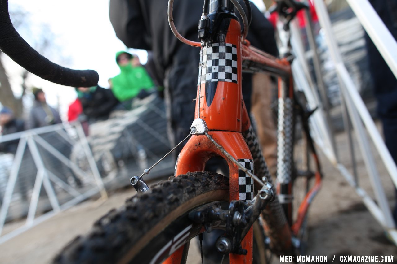 Checkered tape mask the Blue branding, but the Challenge Limus Team Edition tubulars and Shimano CX70 cantilevers are fully visible. © Meg McMahon