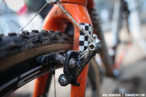 Page stopped his Dura-Ace C35 carbon tubulars and Challenge Limus Team Edition tubulars with Shimano's CX-70 cantilever cyclocross brakes. © Meg McMahon