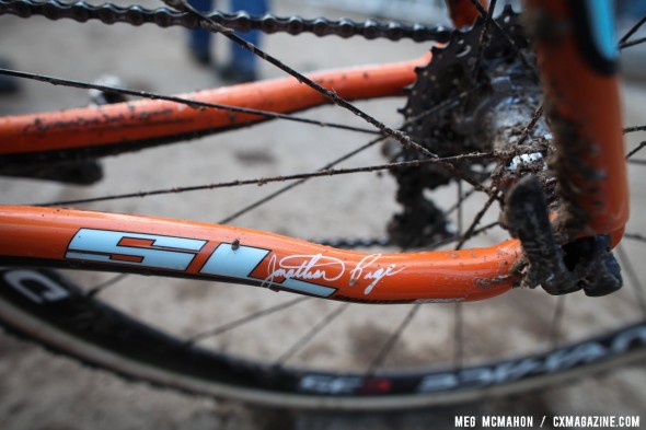 Jonathan Page's signature and the SL give away the model and brand of his winning bike. © Meg McMahon