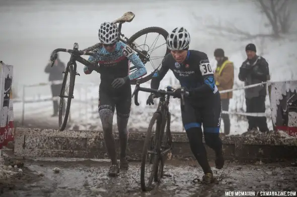 Corey Coogen Cisek and Amanda Carey in a tight flat-filled battel for the Masters Women 35-39 title. © Meg McMahon