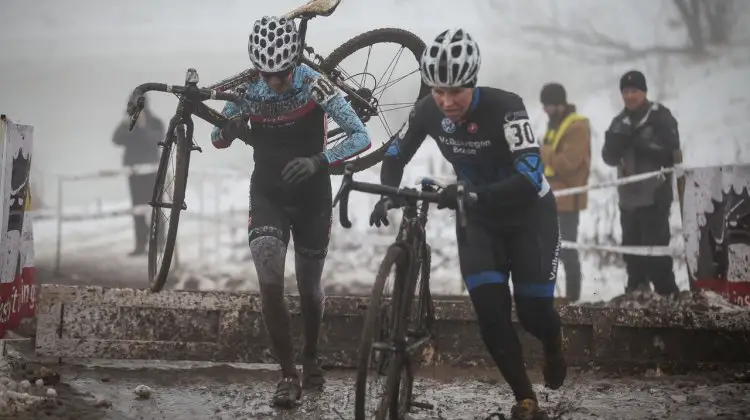 Corey Coogen Cisek and Amanda Carey in a tight flat-filled battel for the Masters Women 35-39 title. © Meg McMahon